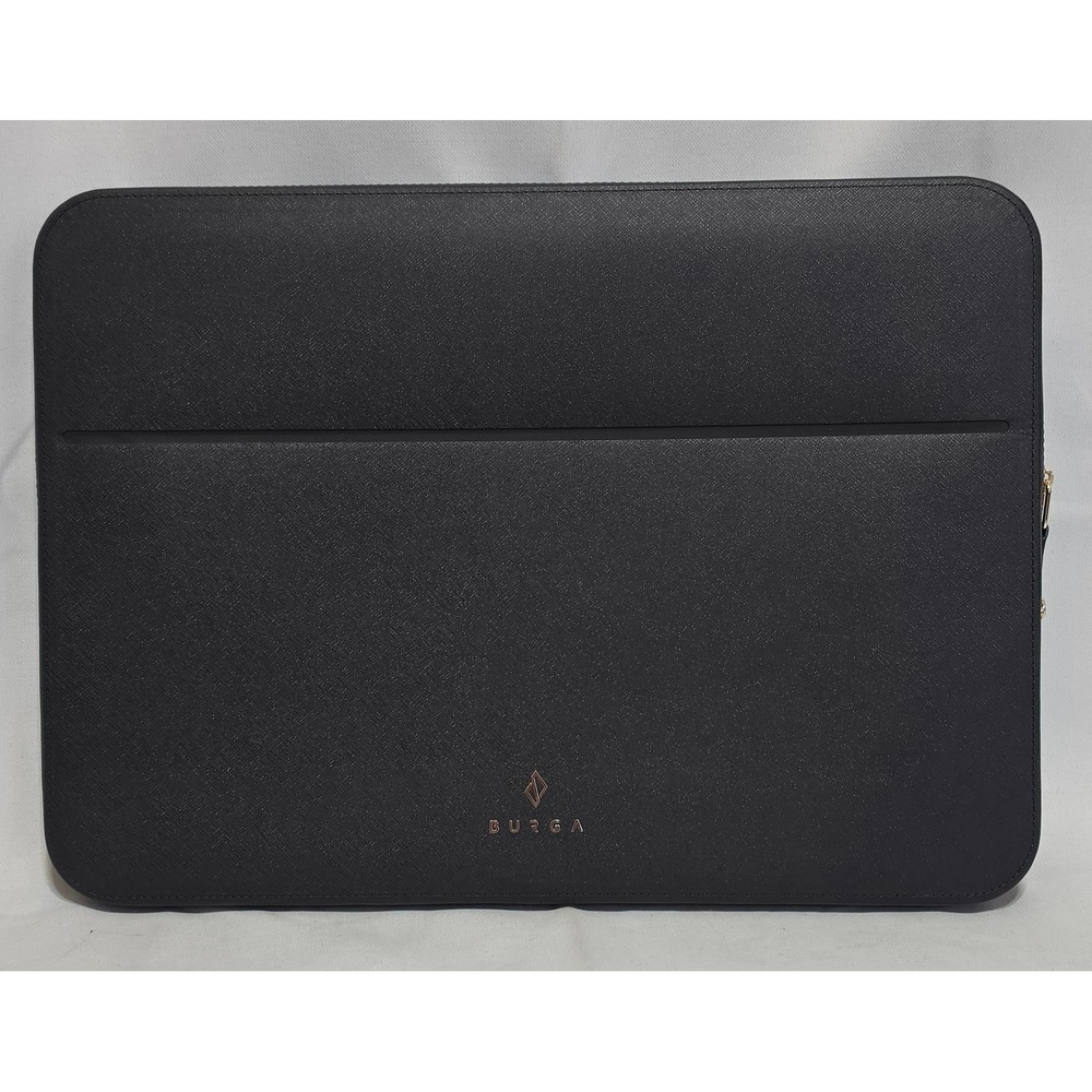Burga Black Saffiano Vegan Leather Plaid Laptop Sleeve Gold Zipper Slim Pocket